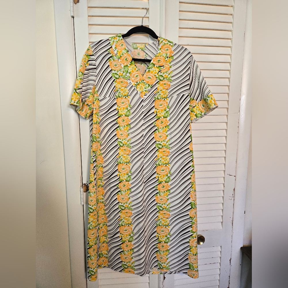 Vintage Handmade Chic Floral and Striped Midi Dress